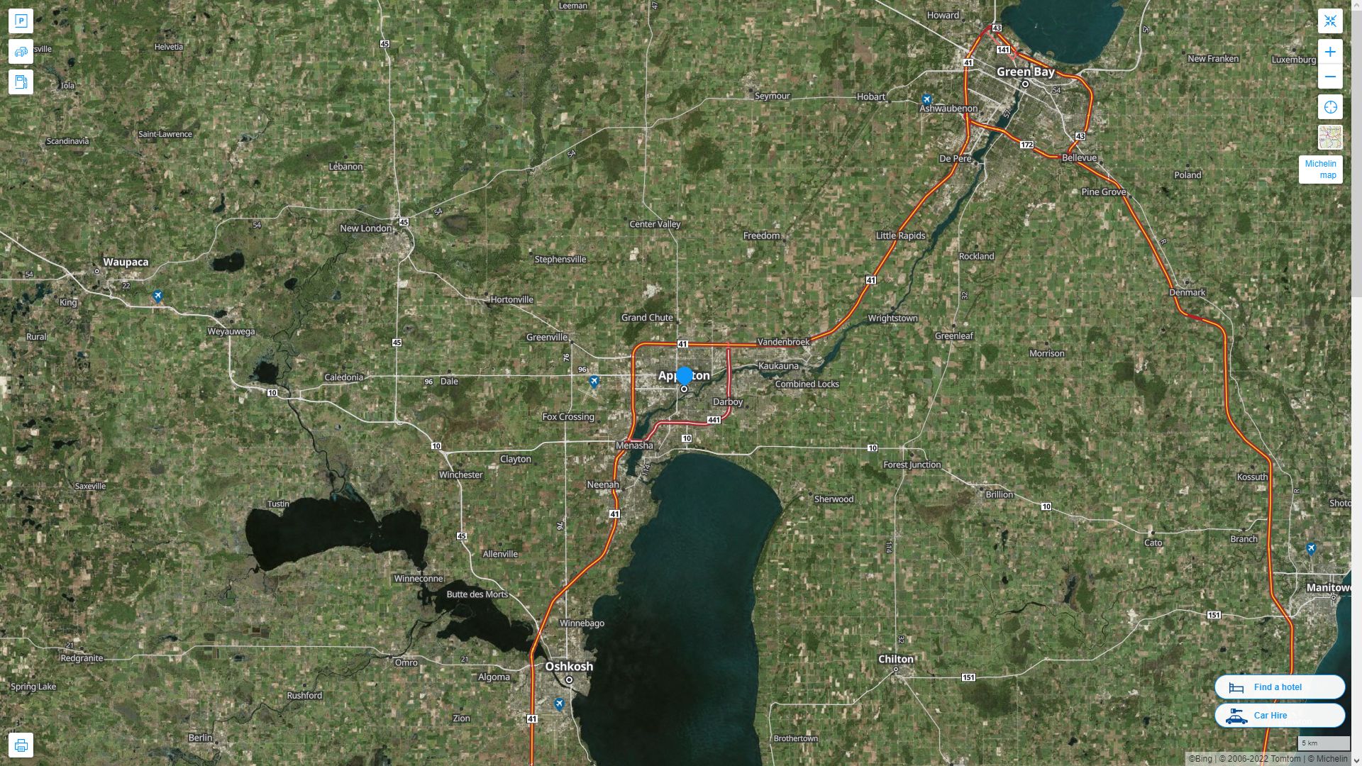 Appleton Wisconsin Highway and Road Map with Satellite View